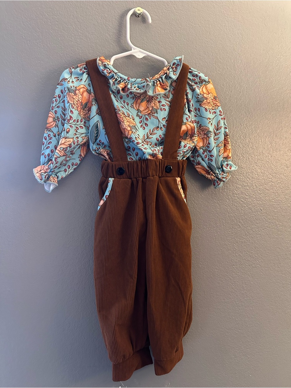 Girls' Floral Blouse with Brown Corduroy Suspender Pants